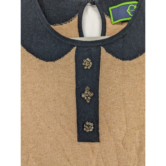 Wonder Knit Sweater XS Beige Black Contrast Collar Wool Keyhole Crew Neck Office - Picture 3 of 8